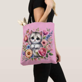 Rosa Tote Bag med Cute Cat och Blommigt Watercolor Tygkasse