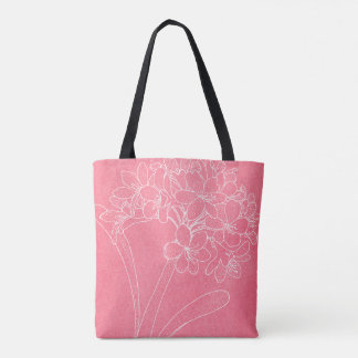 Rosa totebag med vit hortensiakontur tygkasse