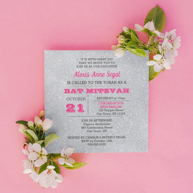 Rosa Tourmaline och Silver Glitter Bat mitzvah Inbjudningar (Skapare uppladdad)