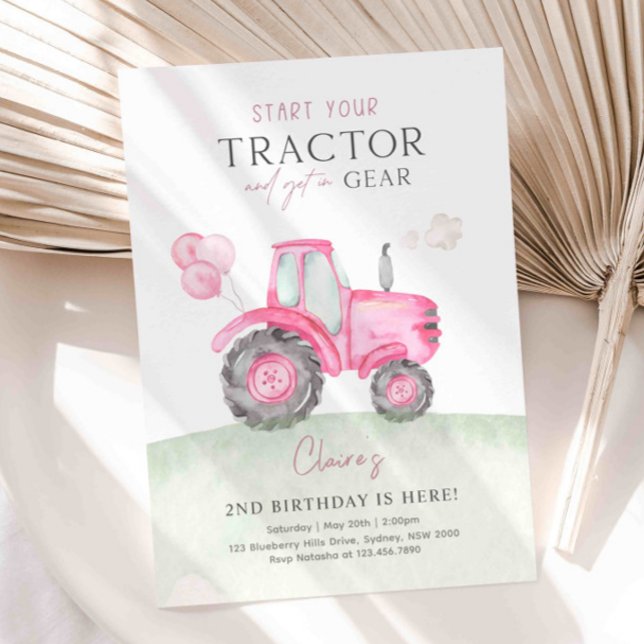 Rosa Tractor & Balloons Födelsedagsfest inbjudan (Skapare uppladdad)