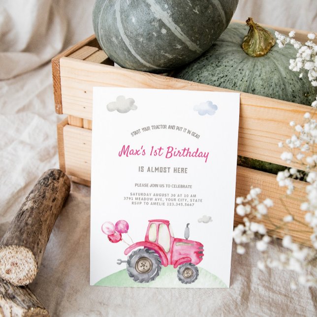 Rosa Tractor Birthday Investigation Inbjudningar (Skapare uppladdad)