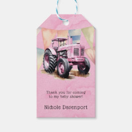 Rosa Tractor Flagga Girl Baby Shower Tack Presentetikett