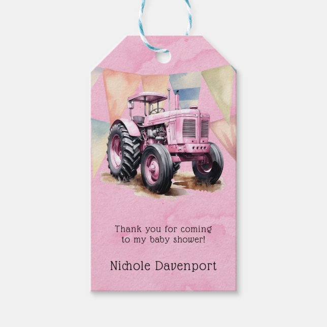 Rosa Tractor Flagga Girl Baby Shower Tack Presentetikett (Framsidan)