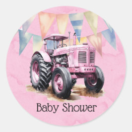 Rosa Tractor Flagga Watercolor Girl Baby Shower Runt Klistermärke