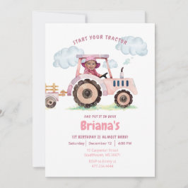 Rosa Tractor Girl any age Birthday Photo Inbjudningar