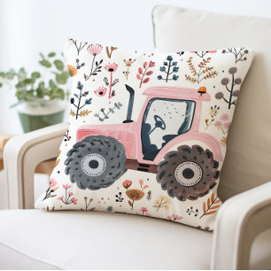 Rosa Tractor med Blommönster, Farmhouse Stil Kudde