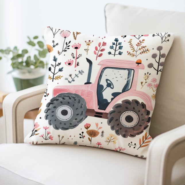 Rosa Tractor med Blommönster, Farmhouse Stil Kudde (Skapare uppladdad)