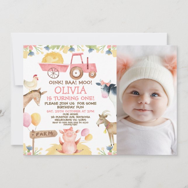 Rosa Tractor Photo Boskap 1:a födelsedag Inbjudningar (Framsida)