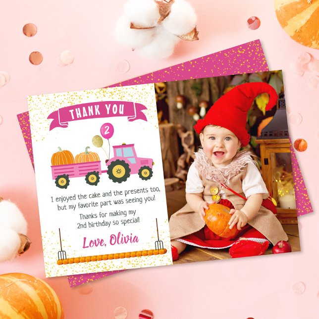 Rosa Tractor Pumpkin Autumn Birthday Photo Tack Kort (Skapare uppladdad)
