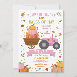 Rosa Tractor Pumpkin Birthday Harvest Party Inbjudningar