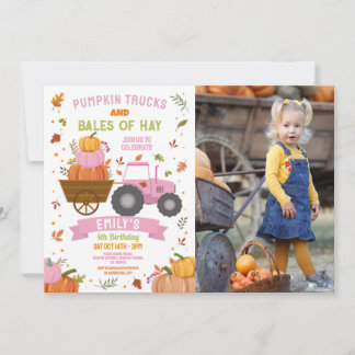 Rosa Tractor Pumpkin Birthday Harvest Party Photo Inbjudningar
