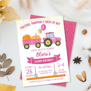 Rosa Tractor Pumpkin Girls Höstfödelsedag Inbjudningar