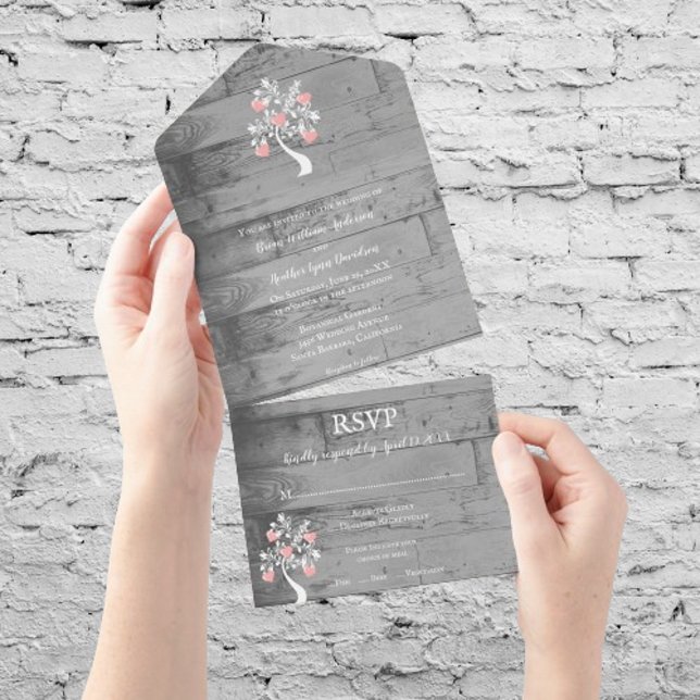 Rosa Träd av Hearts alla på en bröllopsinbjudan (Pink Tree of Hearts All in One Wedding Invite)