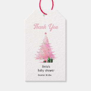 Rosa Träd Baby Shower Tack på julvintern Presentetikett