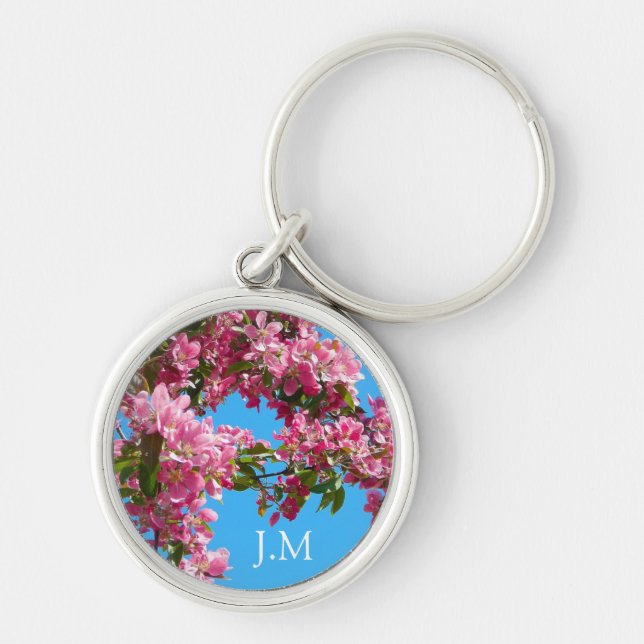 Rosa Träd Blommar och Blå himmel Initialer Rund Silverfärgad Nyckelring (Framsidan)