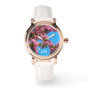 Rosa Träd Blomning och Blå Himmel Initialer Armbandsur