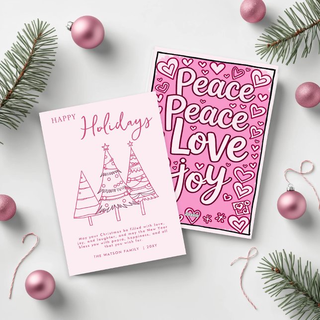 Rosa Träd Hand plockade Doodle Stollig jul Julkort (Pink Trees Hand Drawn Doodle Whimsy Christmas Holiday Card)