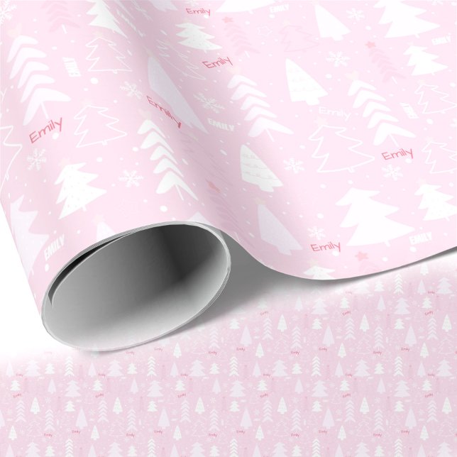 Rosa Träd Winter Namn Text Jul Presentpapper (Pink Trees Winter Name Text Christmas Wrapping Paper)