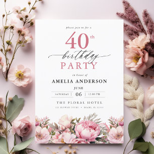 Rosa Trädgårds Blommig Kalligrafi 40-års Födelseda Inbjudningar