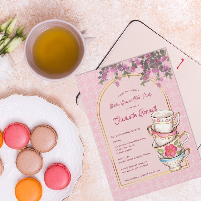 Rosa Trädgårds Tekopp Blommig Tea Party Bröllopsdu Inbjudningar (Pink Garden Teacup Floral Tea Party Bridal Shower Invitation)