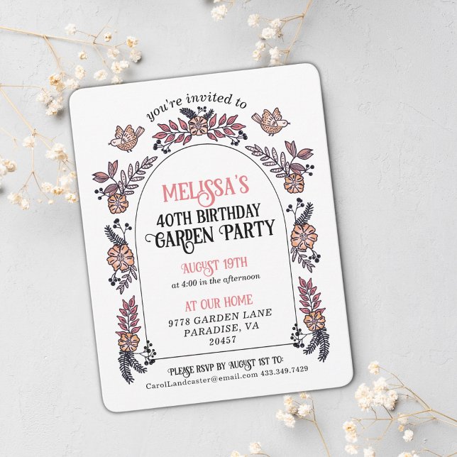 Rosa trädgårdsfest 40-årsdag inbjudningar (Cute pink floral garden party birthday invitation.)