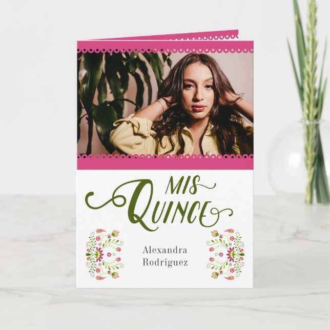 Rosa Traditional Mexican Blommigt Photo Quinceaner Inbjudan (Framsida)