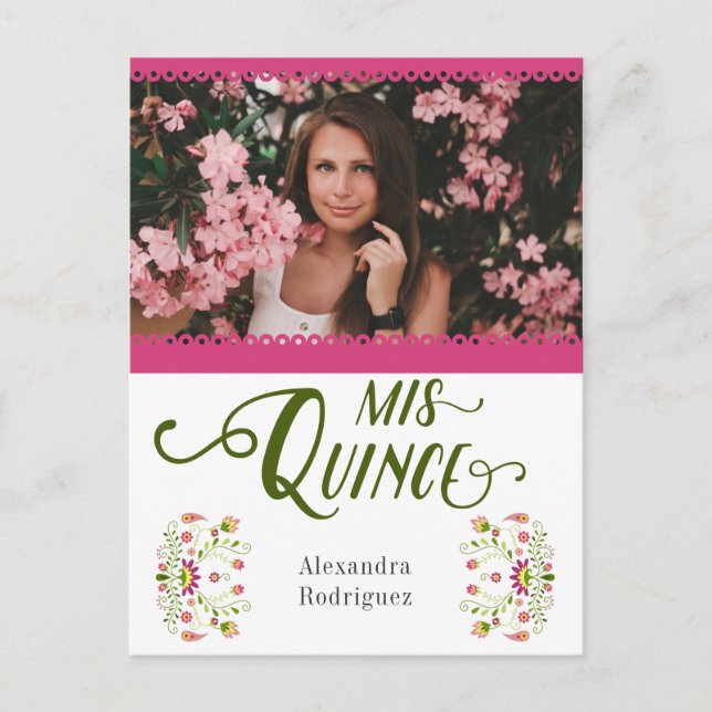 Rosa Traditional Mexican Blommigt Photo Quinceaner Inbjudan Vykort (Framsida)
