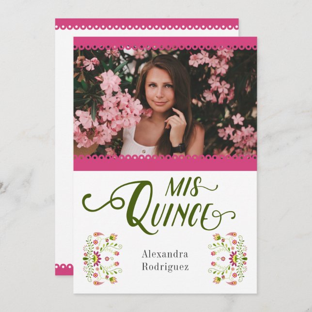 Rosa Traditional Mexican Blommigt Photo Quinceaner Inbjudningar (Fram/baksida)