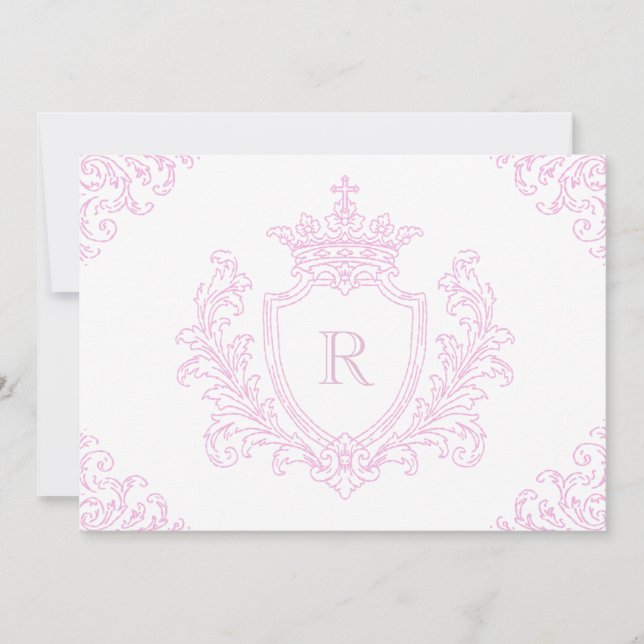 Rosa traditionell vapensköldsmonogram doppresent f inbjudningar (Framsida)