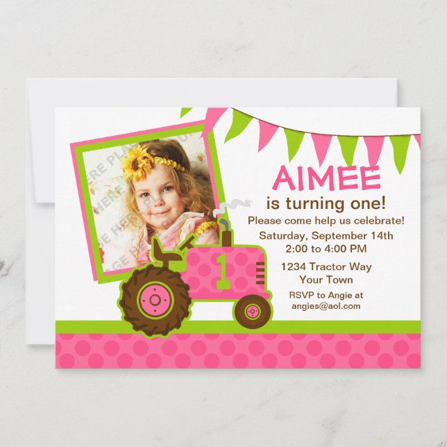 Rosa Traktor 1:a födelsedagsinbjudan till foto Inbjudningar (Framsida)