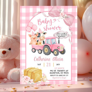 Rosa Traktor Rutig Coquette Barn Babyshower Inbjudningar