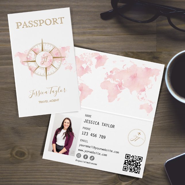 Rosa Travel Agent Passport World Map Infoga foto Visitkort (Skapare uppladdad)