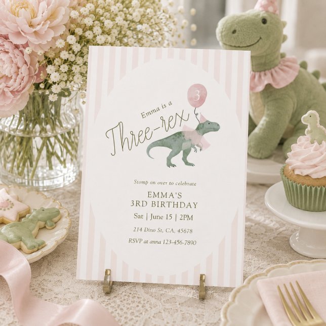 Rosa Tre Rex Dinosaur Tredje Födelsedagsinbjudan Inbjudningar (Skapare uppladdad)
