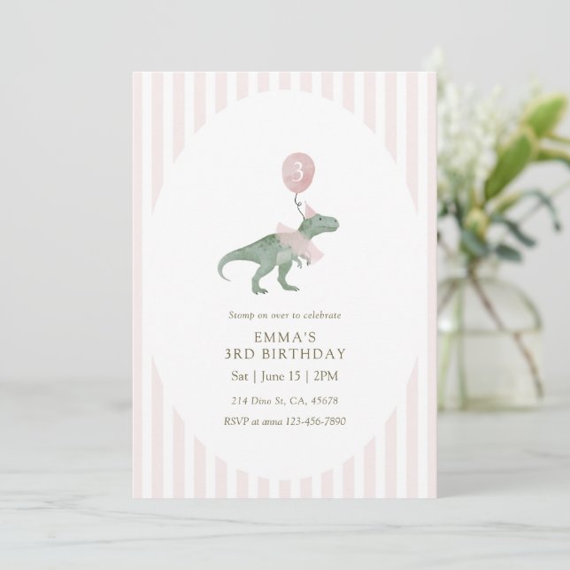 Rosa Tre Rex Dinosaurballong Tredje Födelsedag Inbjudningar (Stående Fram)