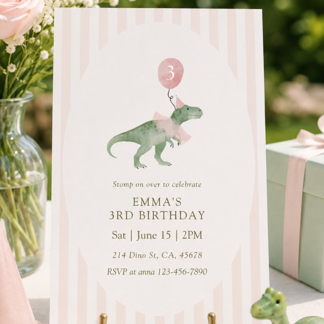 Rosa Tre Rex Dinosaurballong Tredje Födelsedag Inbjudningar (Skapare uppladdad)