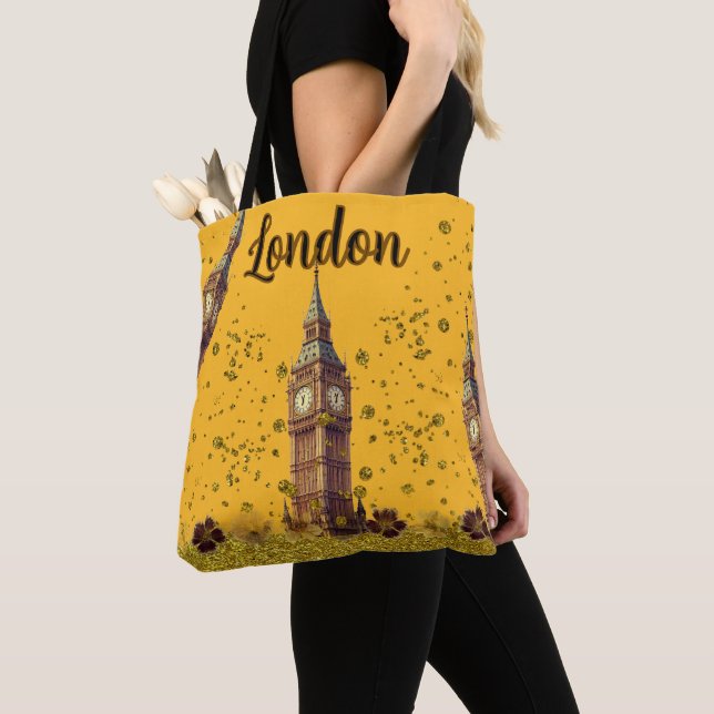 Rosa trendig London Big Ben guldglitter Tygkasse (Närbild)