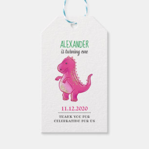 Rosa Trex Dino tack för Dinosaurfödelsedagsfest Presentetikett