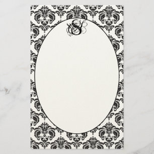 Rosa Trim Black Damask Monogram Återvunnet Pappert Brevpapper