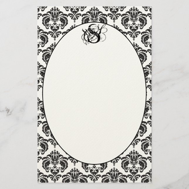Rosa Trim Black Damask Monogram Återvunnet Pappert Brevpapper (Framsida)