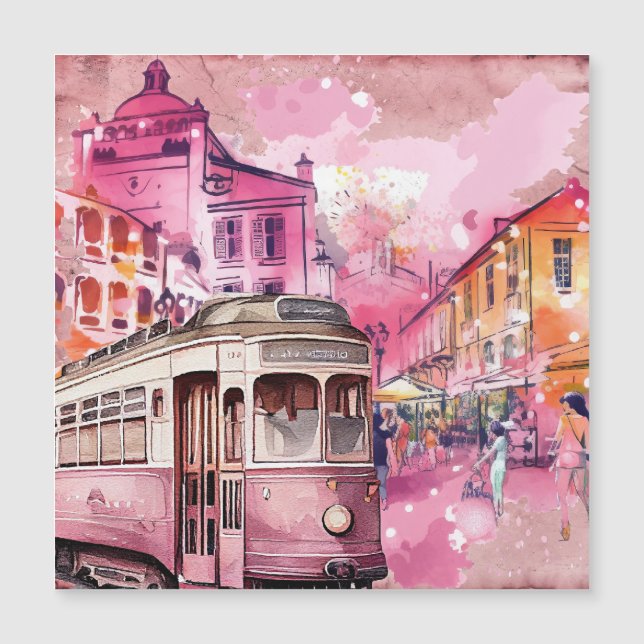 Rosa Trolly Car Cityscape Illustration (Framsida)