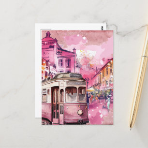 Rosa Trolly Car Cityscape Illustration Vykort