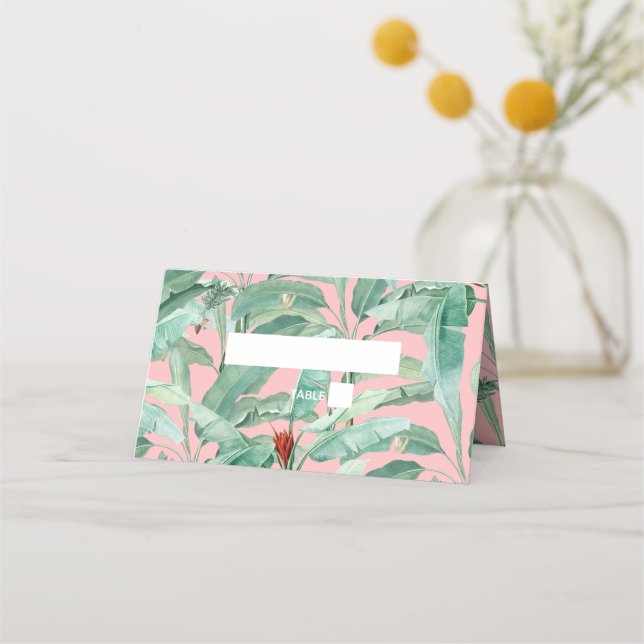 Rosa Tropical Banana Handflatan Löv Bröllop Placeringskort (Framsida)