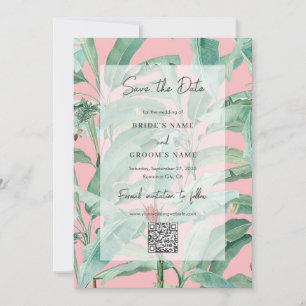Rosa Tropical Banana Handflatan Löv Bröllop QR Cod Spara Datumet