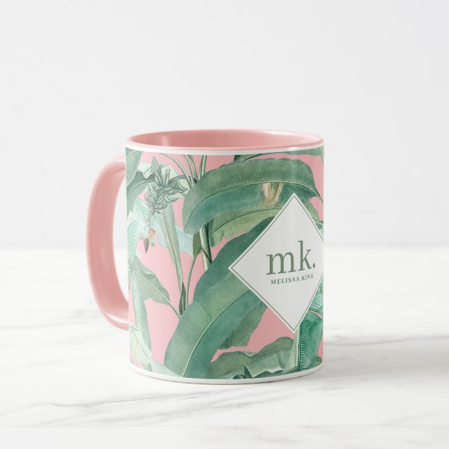 Rosa Tropical Banana Löv Monogrammed Mugg (Framsida vänster)