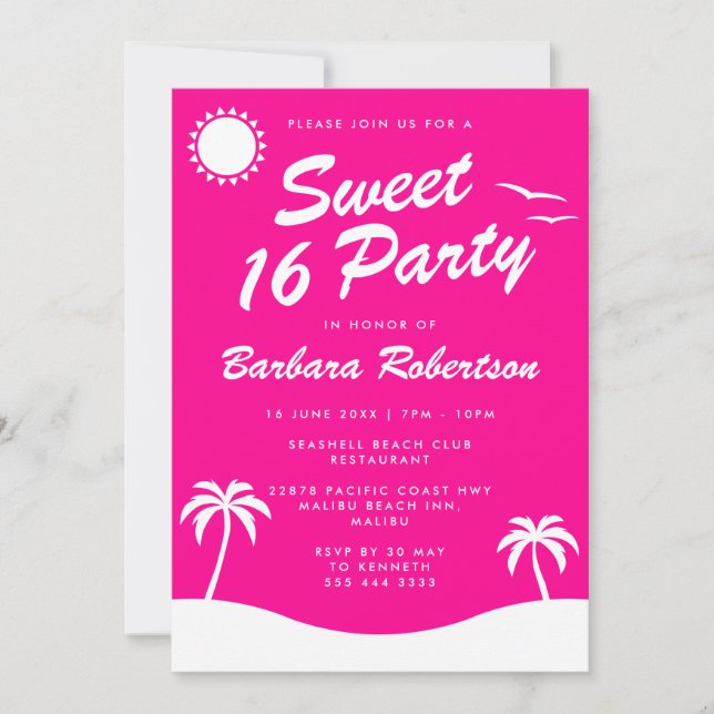 Rosa Tropical Beach Birthday Sweet 16 Inbjudningar (Framsida)