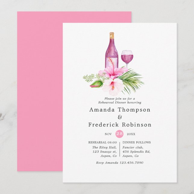 Rosa Tropical Beach Rehearsal Dinner Vin Tasting Inbjudningar (Fram/baksida)
