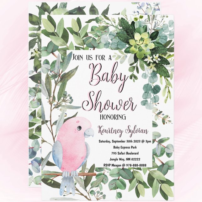 Rosa Tropical Bird Watercolor Baby Shower Inbjudningar (Tropical dream come true baby shower)