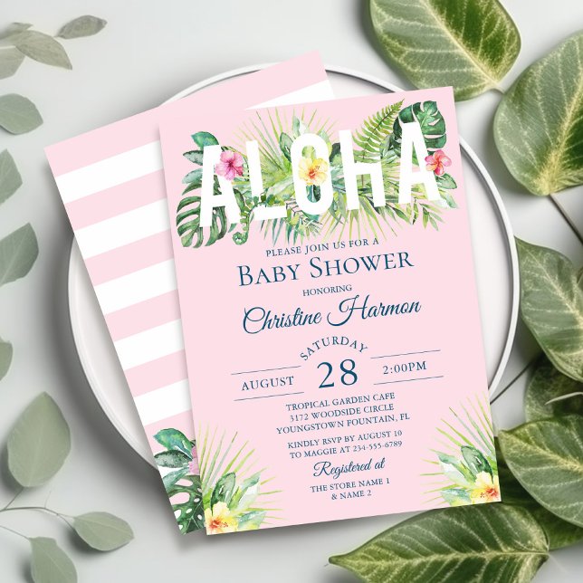 Rosa Tropical Blommigt Aloha Girl Baby Shower Inbjudningar (Skapare uppladdad)