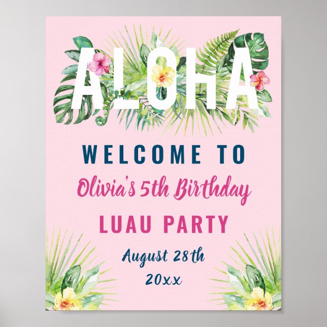 Rosa Tropical Blommigt Aloha Luau Birthday Välkomm Poster (Framsidan)