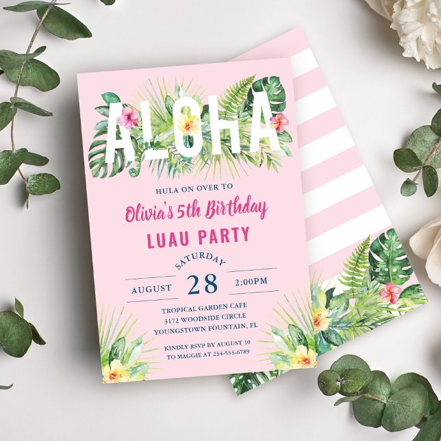 Rosa Tropical Blommigt Aloha Luau Födelsedagsfest Inbjudningar (Skapare uppladdad)